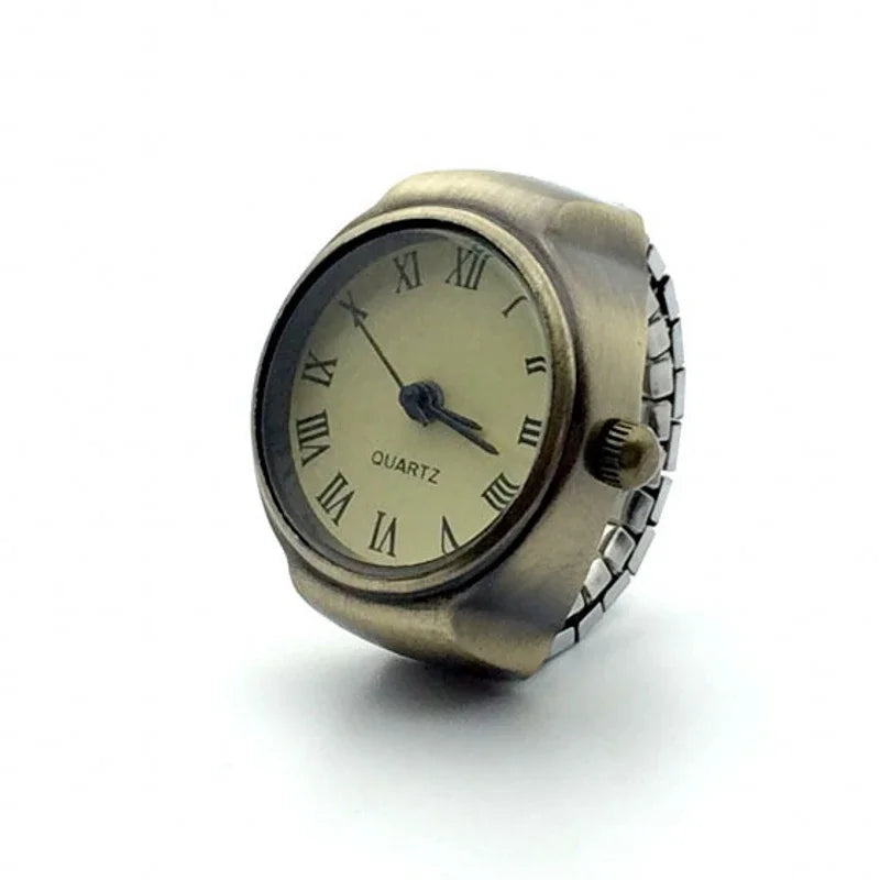 Vintage Punk Ring Watch – Retro Roman Numeral Quartz Finger Watch, Elastic Alloy Strap, Unisex Couple Jewelry Clock Ring for Women & Men