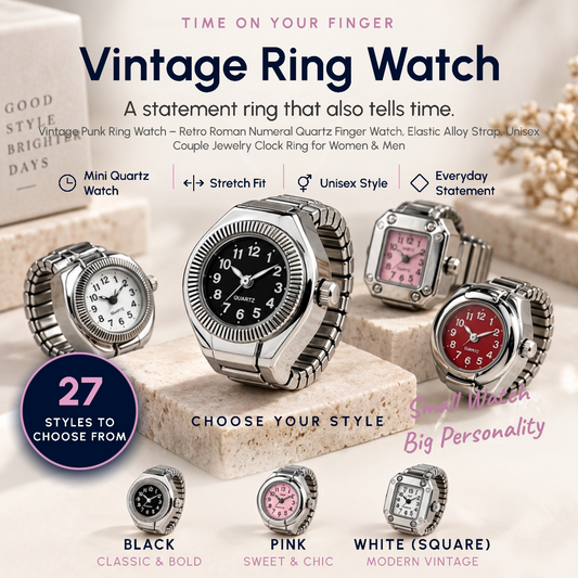 Vintage Punk Ring Watch – Retro Roman Numeral Quartz Finger Watch, Elastic Alloy Strap, Unisex Couple Jewelry Clock Ring for Women & Men